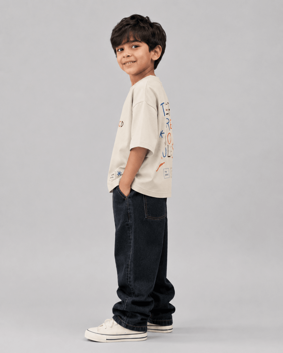 Boys oversized graphic t-shirt in off-white, There Are No Rules print, Bold Cub Korean streetwear - detail shot