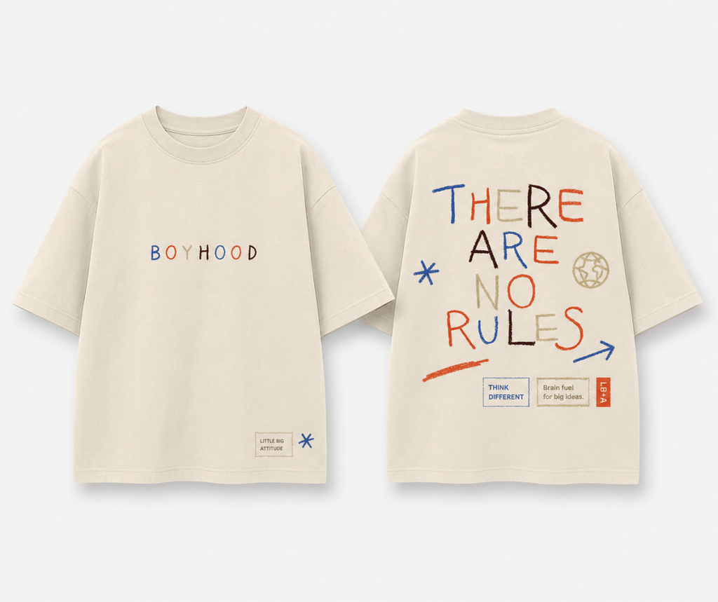 Boys oversized graphic t-shirt in off-white, There Are No Rules print, Bold Cub Korean streetwear - flat lay