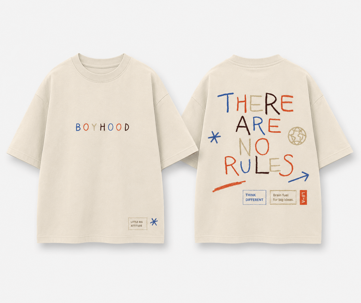 Boys oversized graphic t-shirt in off-white, There Are No Rules print, Bold Cub Korean streetwear - flat lay