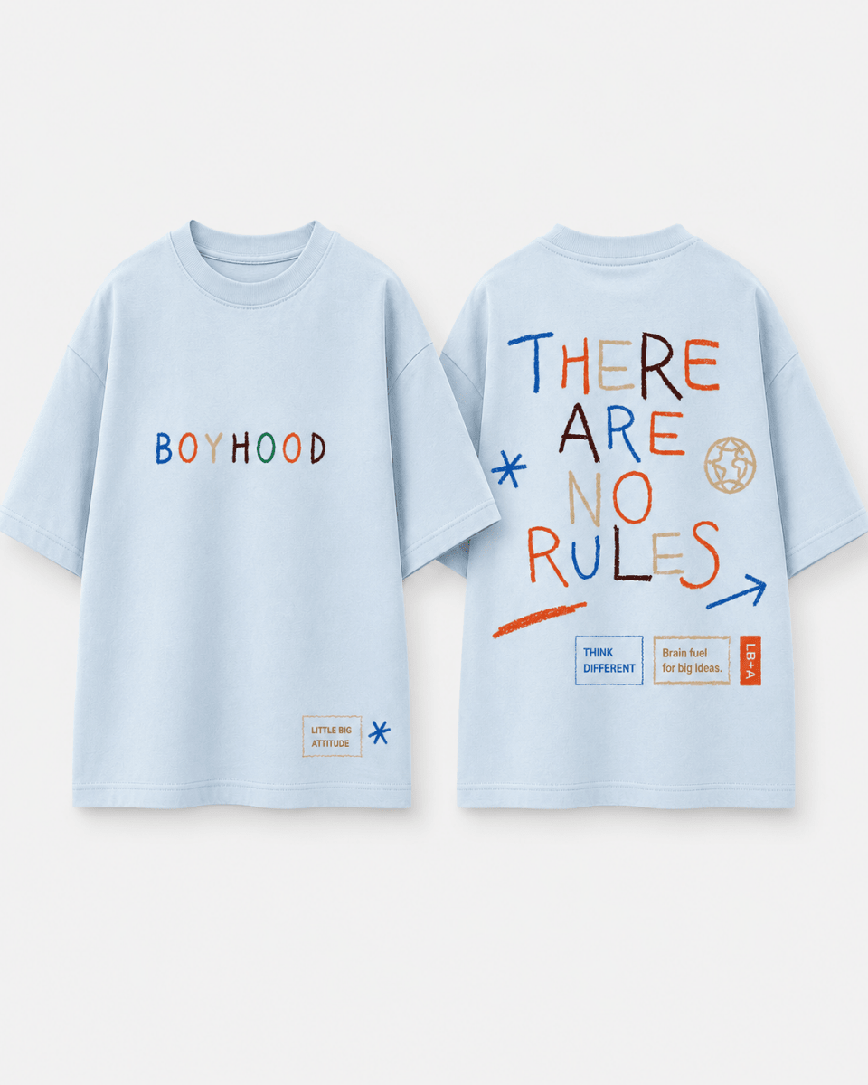 Boys oversized graphic t-shirt in sky blue, There Are No Rules print, Bold Cub Korean streetwear - flat lay