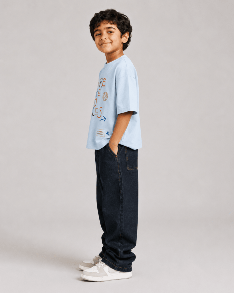 Boys oversized graphic t-shirt in sky blue, There Are No Rules print, Bold Cub Korean streetwear - detail shot