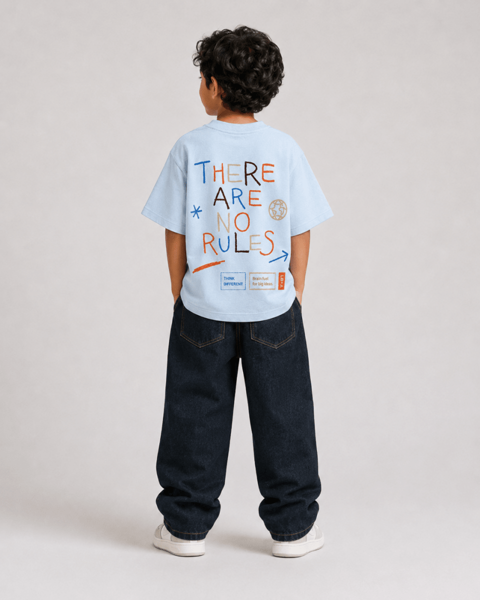 Boys oversized graphic t-shirt in sky blue, There Are No Rules print, Bold Cub Korean streetwear - back