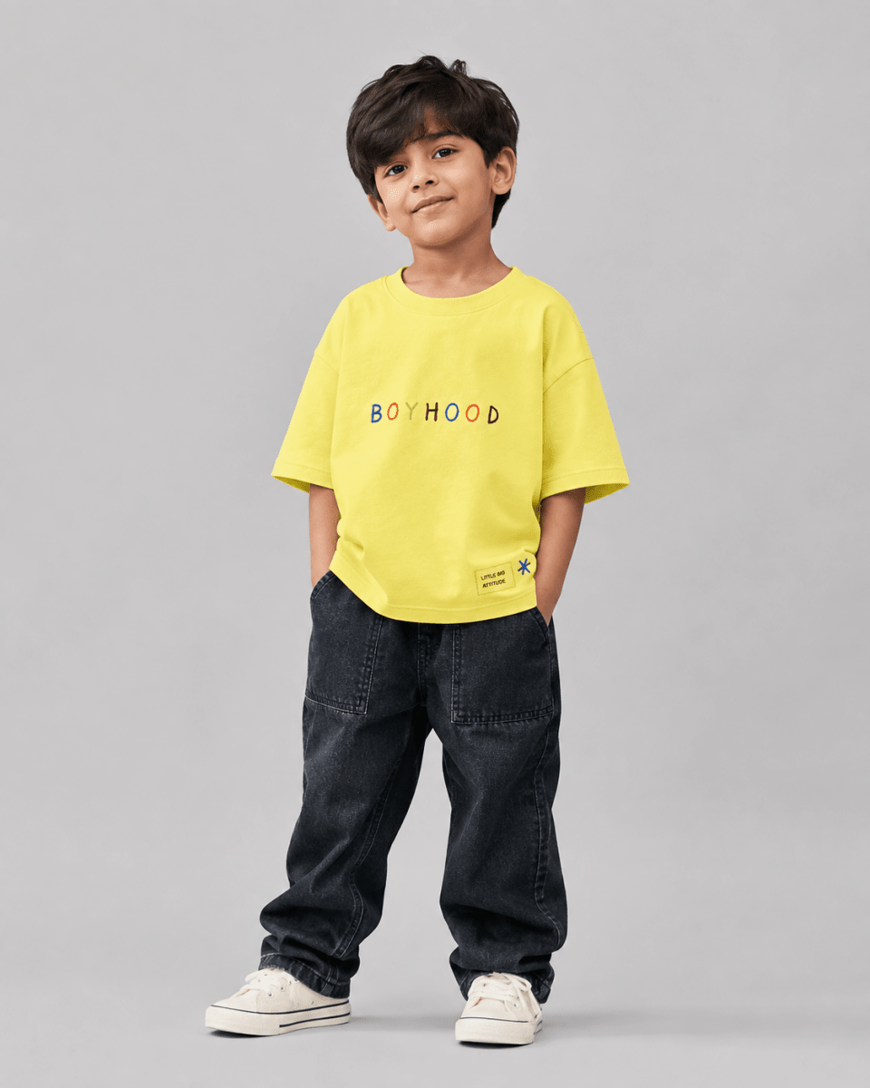 Boys oversized graphic t-shirt in pastel yellow, There Are No Rules print, Bold Cub Korean streetwear - front