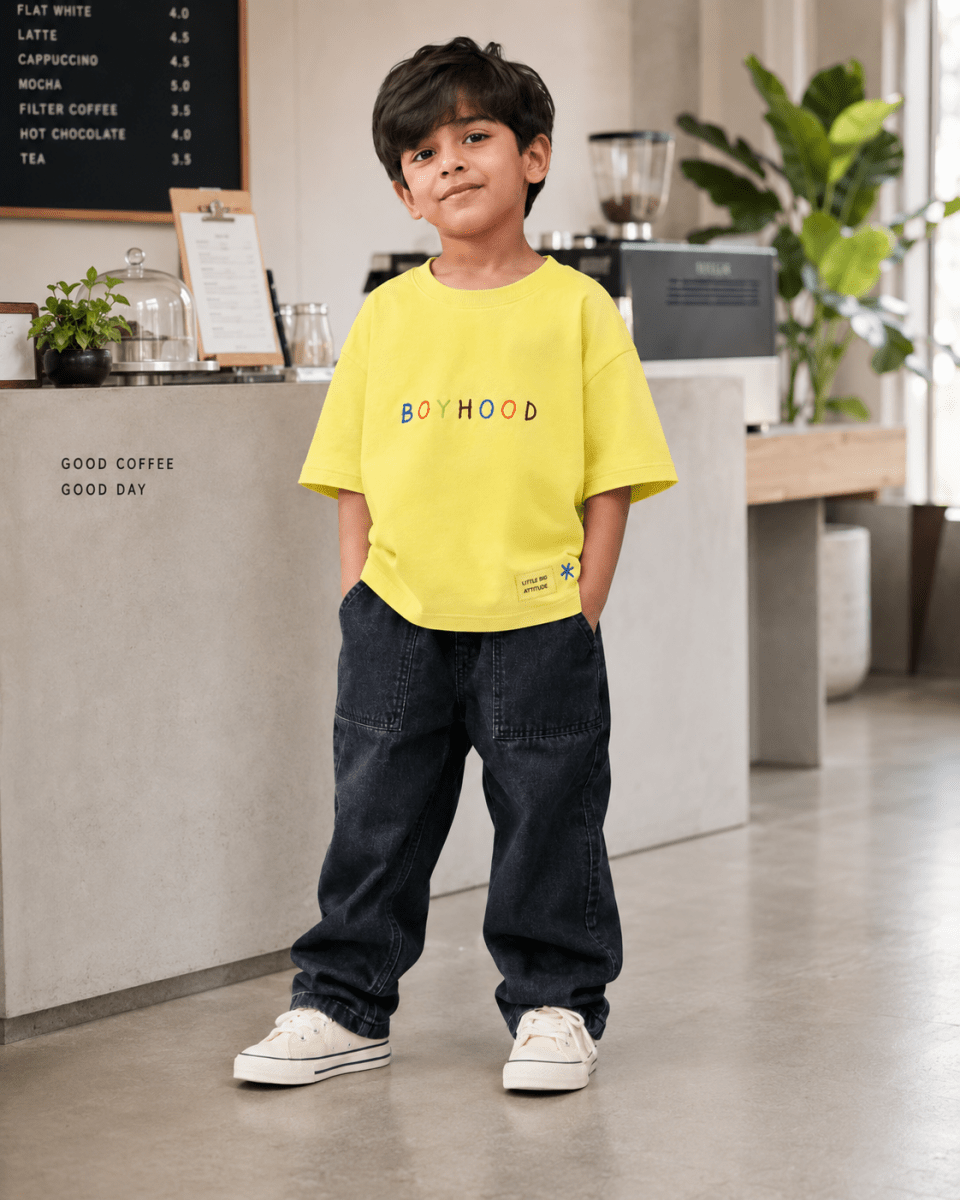Boys oversized graphic t-shirt in pastel yellow, There Are No Rules print, Bold Cub Korean streetwear - lifestyle shot