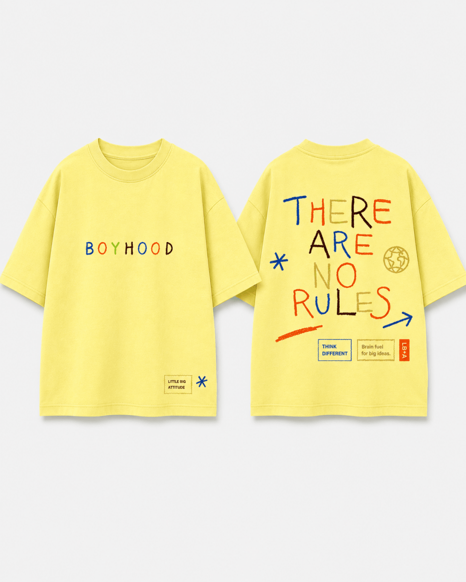 Boys oversized graphic t-shirt in pastel yellow, There Are No Rules print, Bold Cub Korean streetwear - flat lay