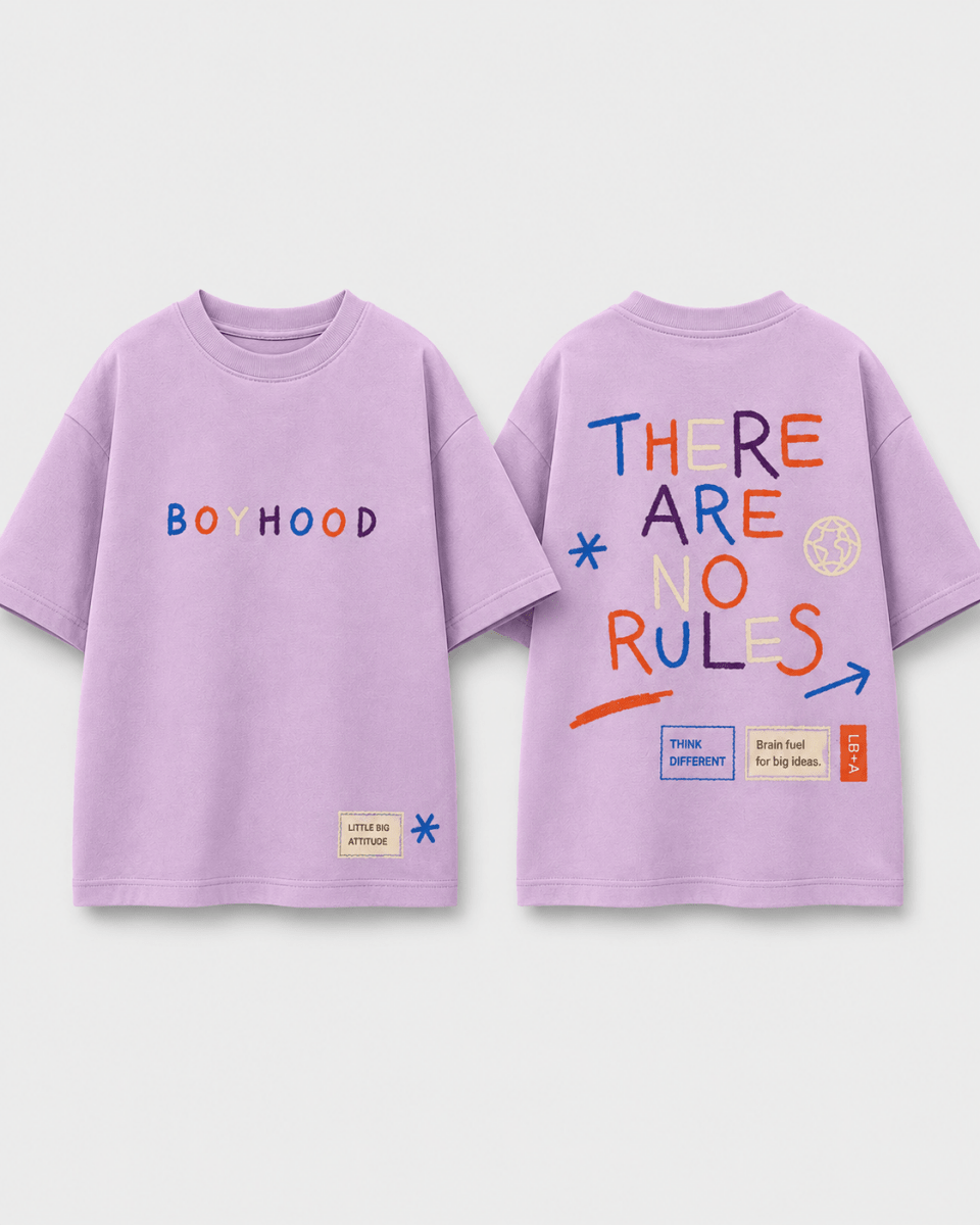 Boys oversized graphic t-shirt in lavender, There Are No Rules print, Bold Cub Korean streetwear - flat lay