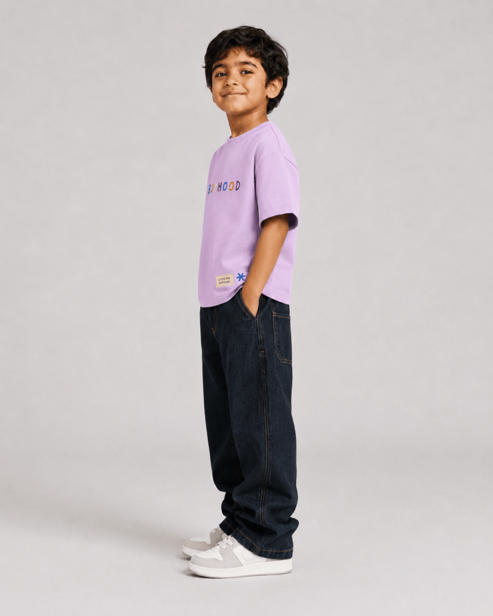 Boys oversized graphic t-shirt in lavender, There Are No Rules print, Bold Cub Korean streetwear - detail shot