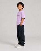 Boys oversized graphic t-shirt in lavender, There Are No Rules print, Bold Cub Korean streetwear - detail shot