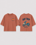 Boys oversized graphic t-shirt in Brown, Road Trip print, Bold Cub Korean streetwear - flat lay