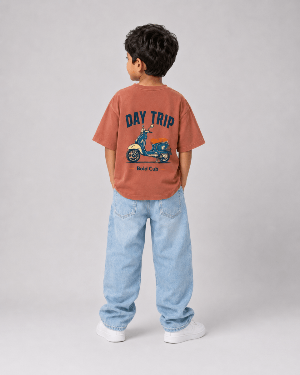 Boys oversized graphic t-shirt in Brown, Road Trip print, Bold Cub Korean streetwear - back