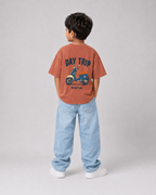 Boys oversized graphic t-shirt in Brown, Road Trip print, Bold Cub Korean streetwear - back