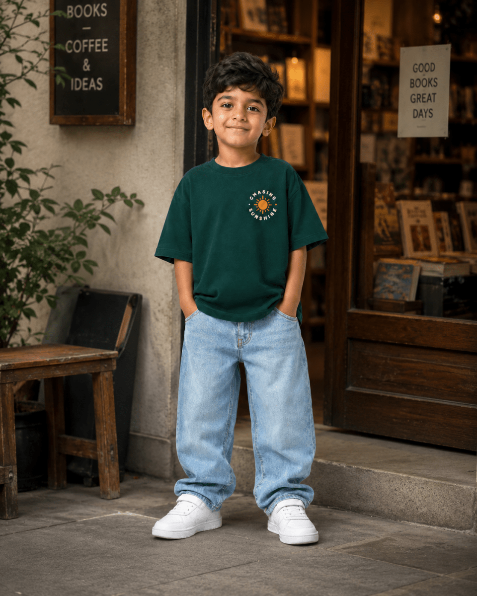 Boys oversized graphic t-shirt in emerald green, Road Trip print, Bold Cub Korean streetwear - lifestyle shot