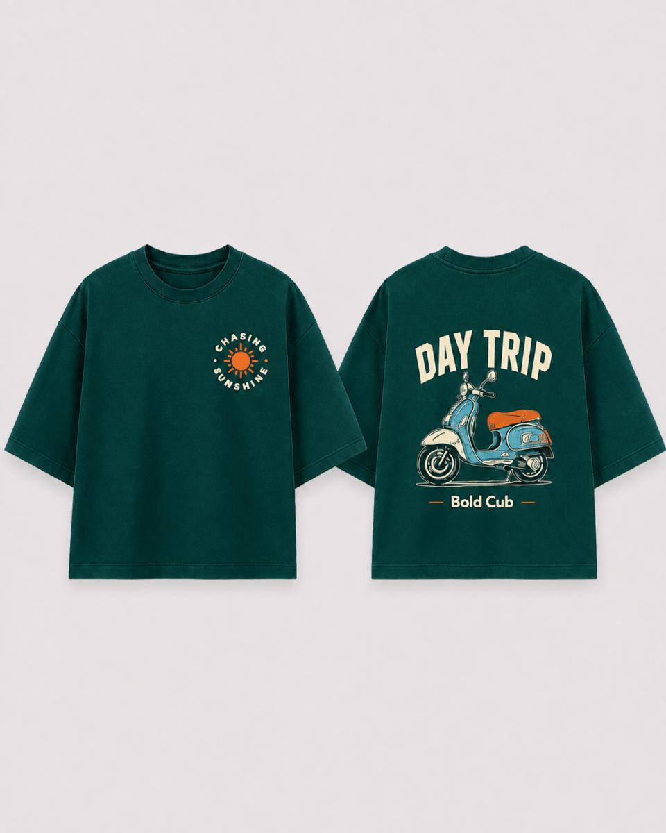 Boys oversized graphic t-shirt in emerald green, Road Trip print, Bold Cub Korean streetwear - flat lay