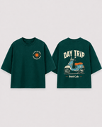 Boys oversized graphic t-shirt in emerald green, Road Trip print, Bold Cub Korean streetwear - flat lay