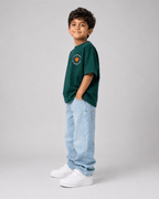 Boys oversized graphic t-shirt in emerald green, Road Trip print, Bold Cub Korean streetwear - detail shot