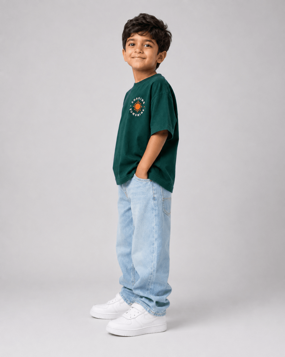 Boys oversized graphic t-shirt in emerald green, Road Trip print, Bold Cub Korean streetwear - detail shot