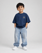 Boys oversized graphic t-shirt in navy blue, Road Trip print, Bold Cub Korean streetwear - front