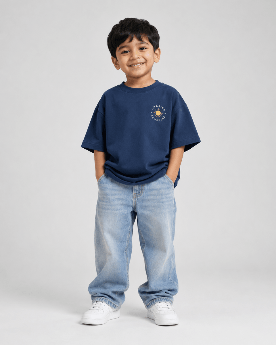 Boys oversized graphic t-shirt in navy blue, Road Trip print, Bold Cub Korean streetwear - front