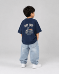 Boys oversized graphic t-shirt in navy blue, Road Trip print, Bold Cub Korean streetwear - back