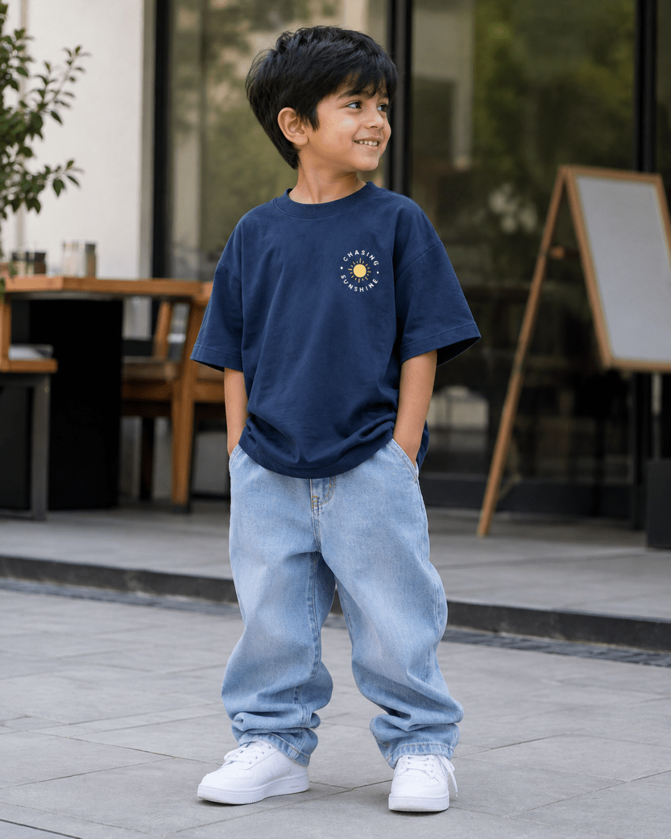 Boys oversized graphic t-shirt in navy blue, Road Trip print, Bold Cub Korean streetwear - lifestyle shot