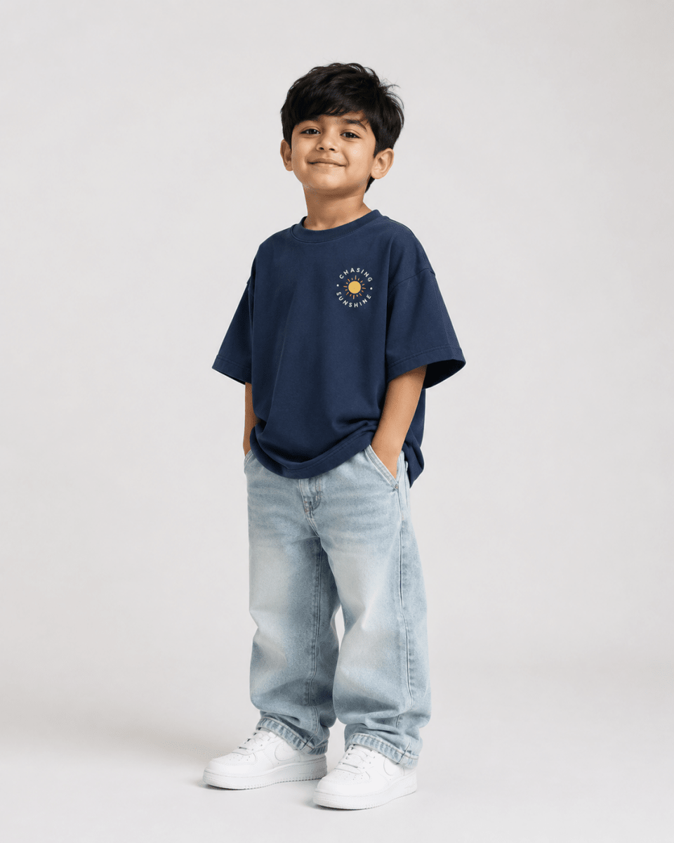 Boys oversized graphic t-shirt in navy blue, Road Trip print, Bold Cub Korean streetwear - detail shot