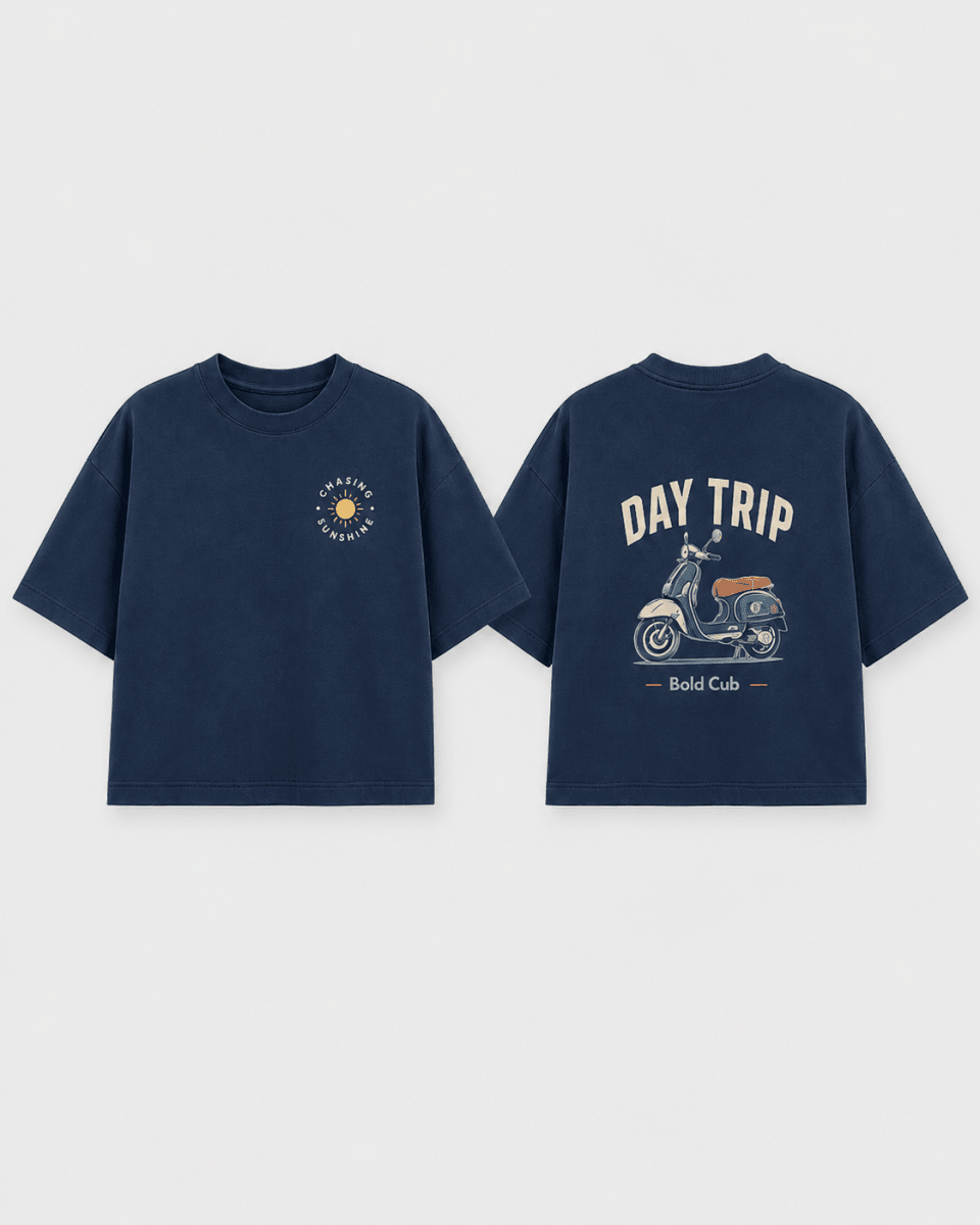 Boys oversized graphic t-shirt in navy blue, Road Trip print, Bold Cub Korean streetwear - flat lay