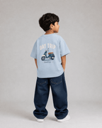 Boys oversized graphic t-shirt in sky blue, Road Trip print, Bold Cub Korean streetwear - back
