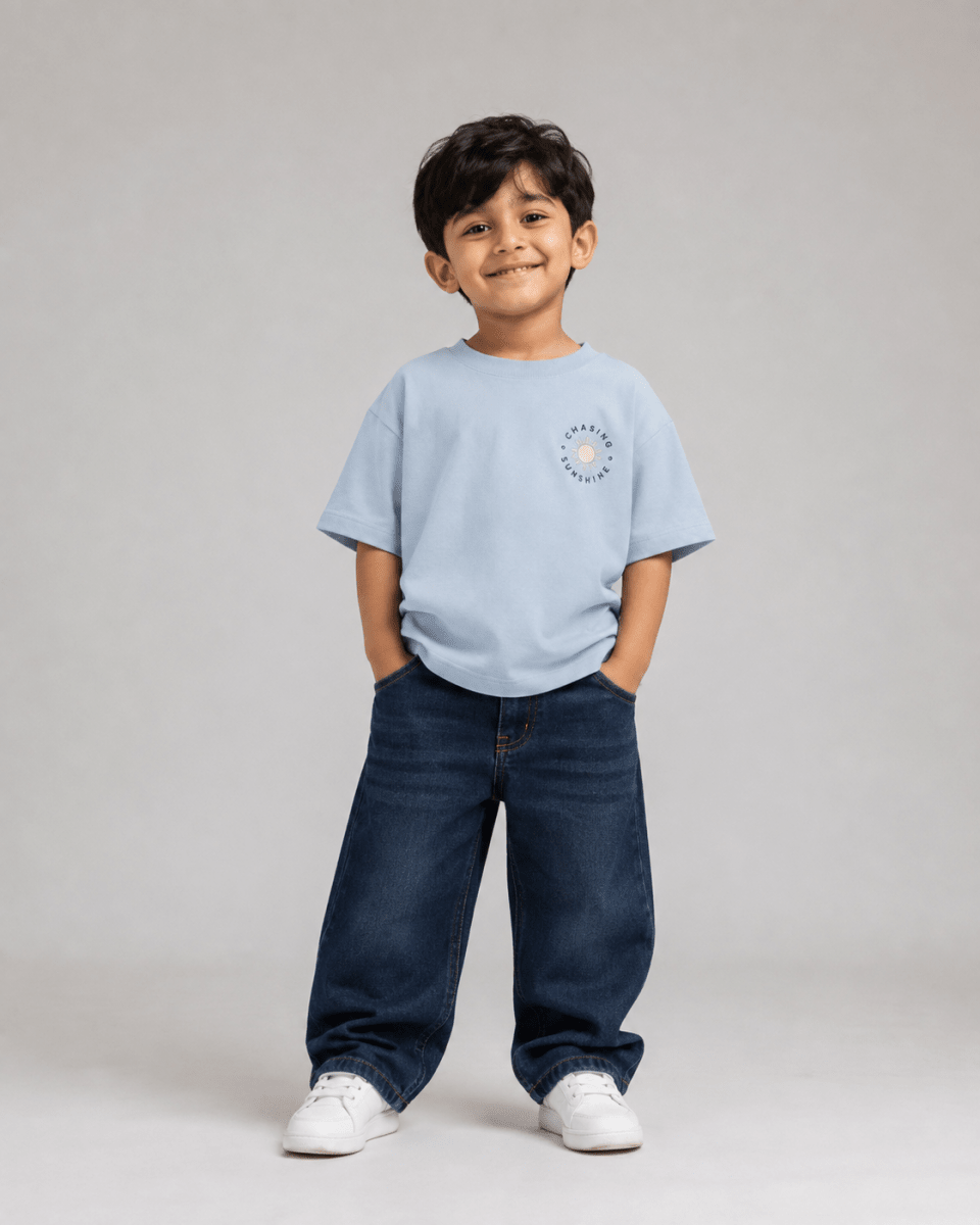 Boys oversized graphic t-shirt in sky blue, Road Trip print, Bold Cub Korean streetwear - front
