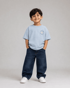 Boys oversized graphic t-shirt in sky blue, Road Trip print, Bold Cub Korean streetwear - front