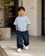 Boys oversized graphic t-shirt in sky blue, Road Trip print, Bold Cub Korean streetwear - lifestyle shot