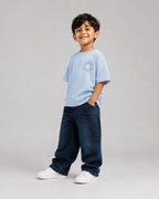 Boys oversized graphic t-shirt in sky blue, Road Trip print, Bold Cub Korean streetwear - detail shot