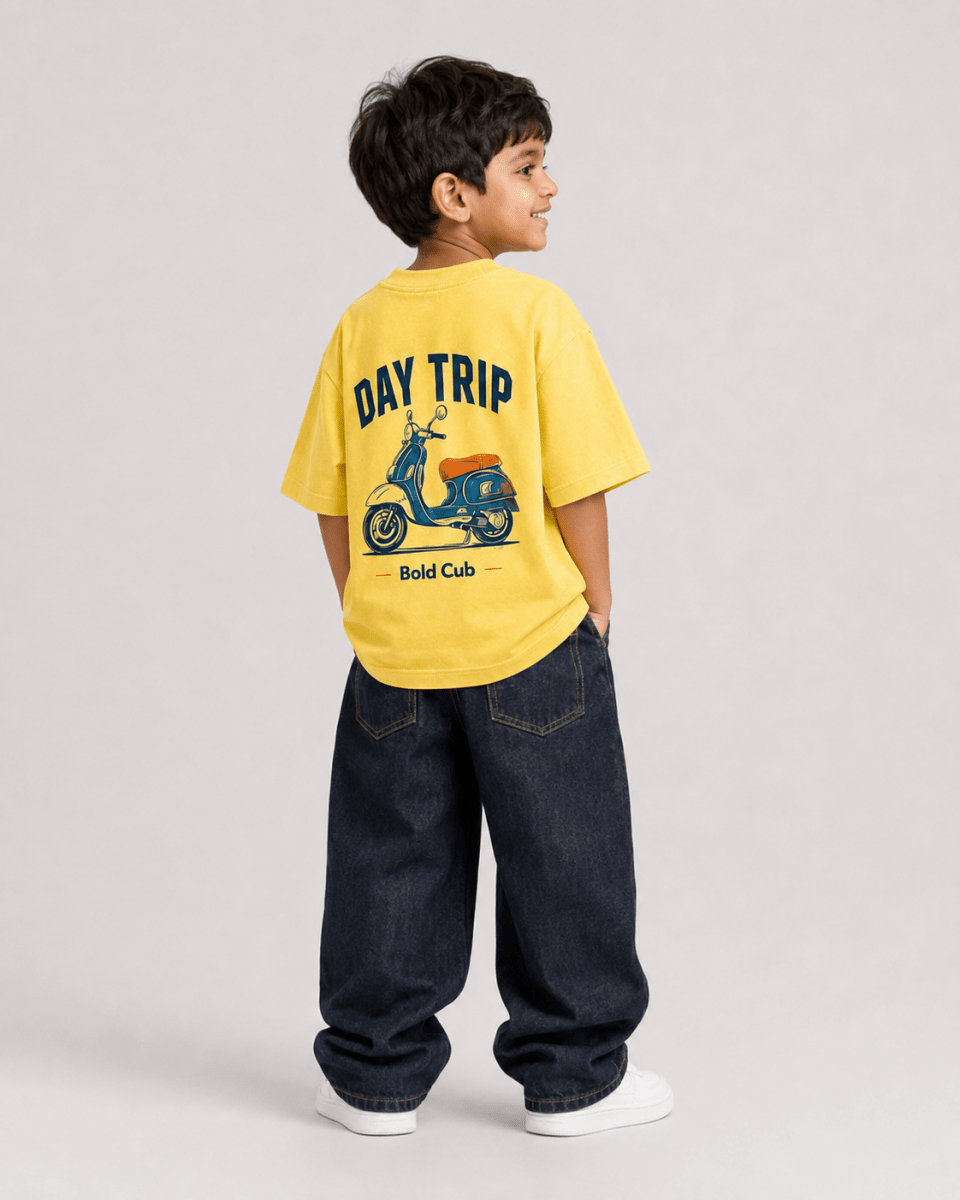 Boys oversized graphic t-shirt in pastel yellow, Road Trip print, Bold Cub Korean streetwear - back