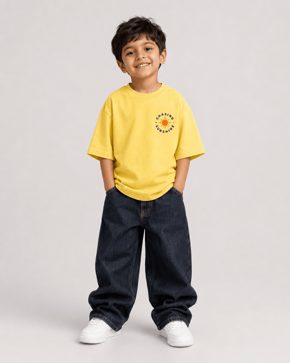 Boys oversized graphic t-shirt in pastel yellow, Road Trip print, Bold Cub Korean streetwear - front