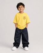 Boys oversized graphic t-shirt in pastel yellow, Road Trip print, Bold Cub Korean streetwear - front