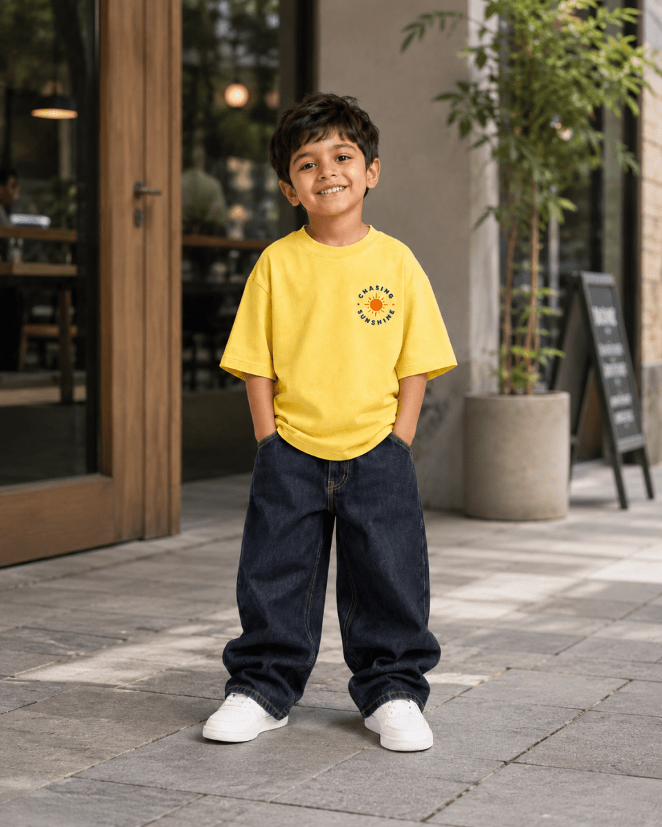 Boys oversized graphic t-shirt in pastel yellow, Road Trip print, Bold Cub Korean streetwear - lifestyle shot