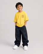 Boys oversized graphic t-shirt in pastel yellow, Road Trip print, Bold Cub Korean streetwear - detail shot