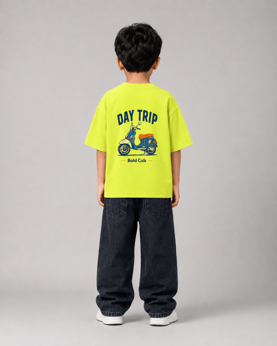 Boys oversized graphic t-shirt in neon lime, Road Trip print, Bold Cub Korean streetwear - back