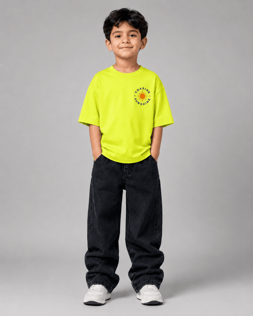 Boys oversized graphic t-shirt in neon lime, Road Trip print, Bold Cub Korean streetwear - front