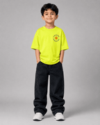 Boys oversized graphic t-shirt in neon lime, Road Trip print, Bold Cub Korean streetwear - front