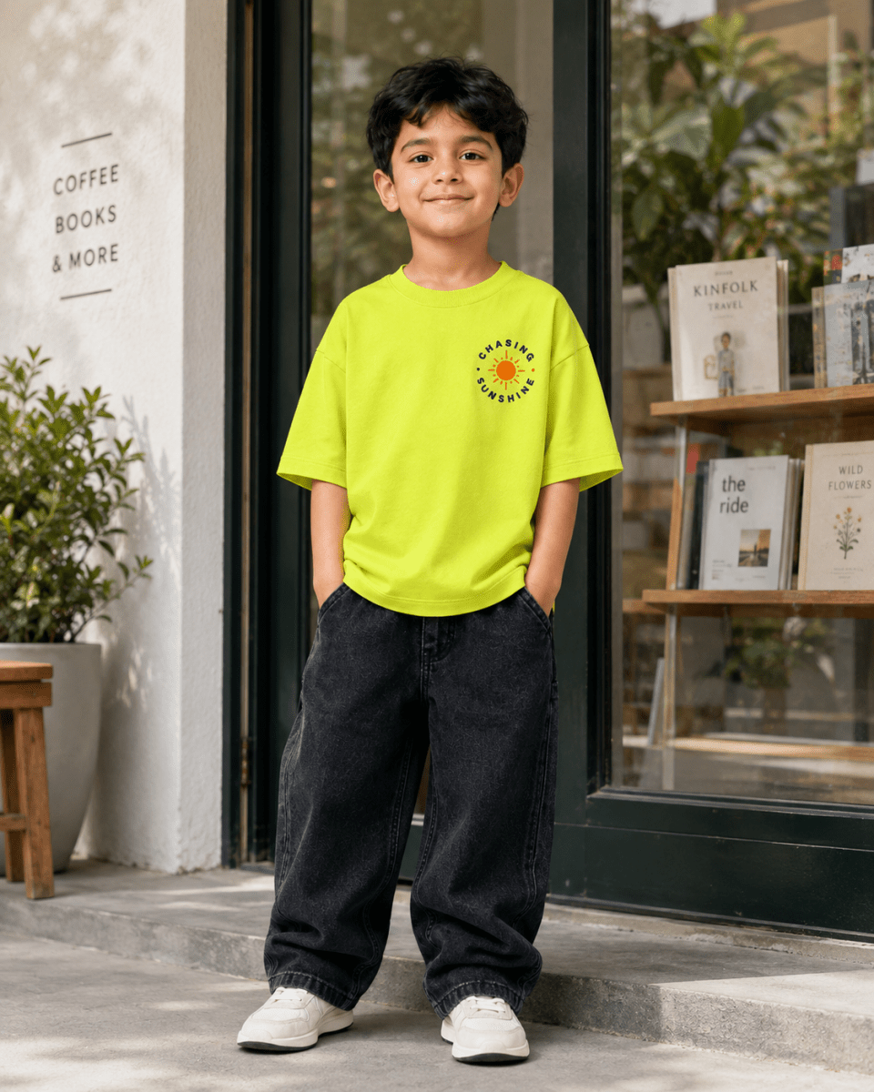 Boys oversized graphic t-shirt in neon lime, Road Trip print, Bold Cub Korean streetwear - lifestyle shot