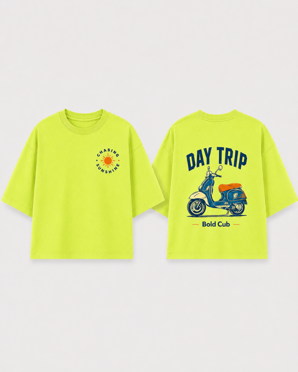 Boys oversized graphic t-shirt in neon lime, Road Trip print, Bold Cub Korean streetwear - flat lay