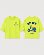 Boys oversized graphic t-shirt in neon lime, Road Trip print, Bold Cub Korean streetwear - flat lay