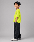 Boys oversized graphic t-shirt in neon lime, Road Trip print, Bold Cub Korean streetwear - detail shot