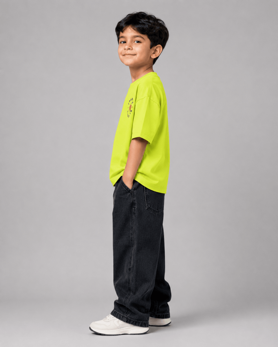 Boys oversized graphic t-shirt in neon lime, Road Trip print, Bold Cub Korean streetwear - detail shot