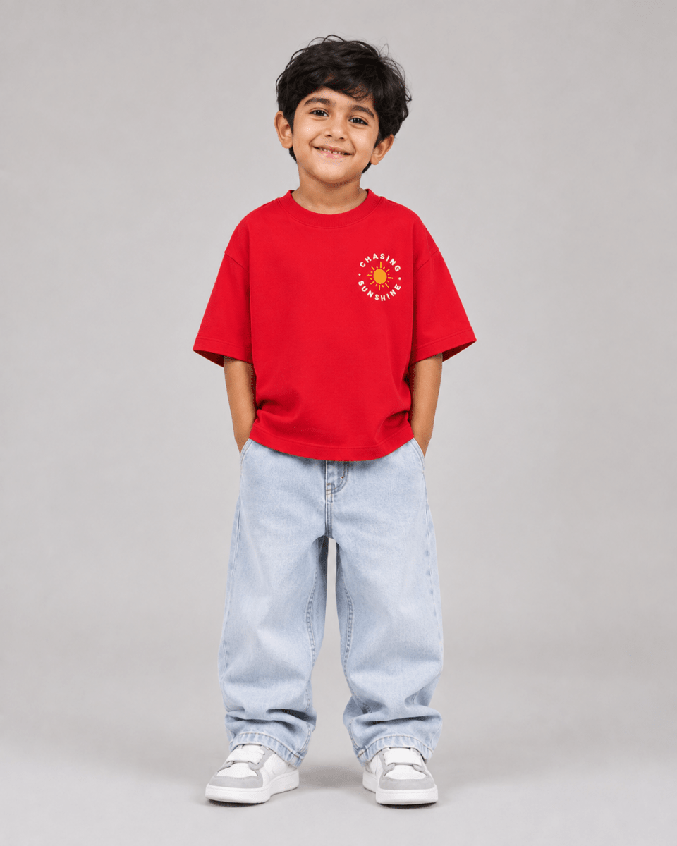 Boys oversized graphic t-shirt in red, Road Trip print, Bold Cub Korean streetwear - front