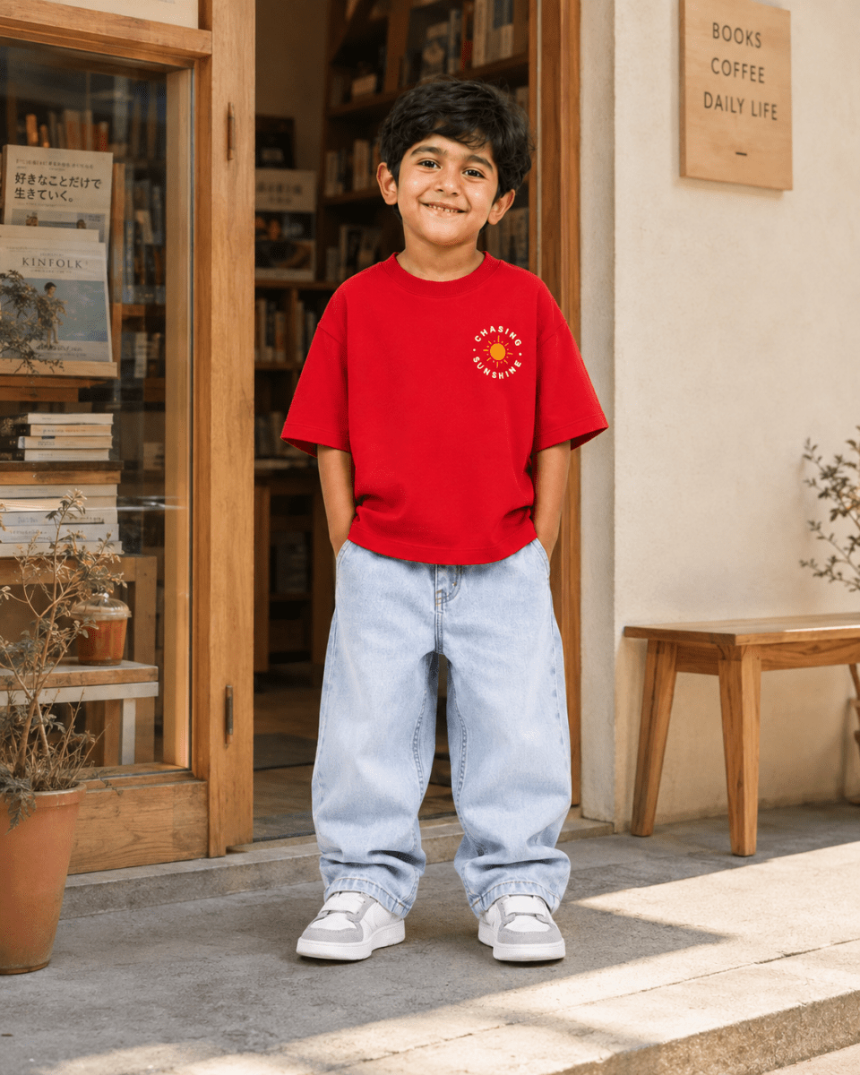 Boys oversized graphic t-shirt in red, Road Trip print, Bold Cub Korean streetwear - lifestyle shot