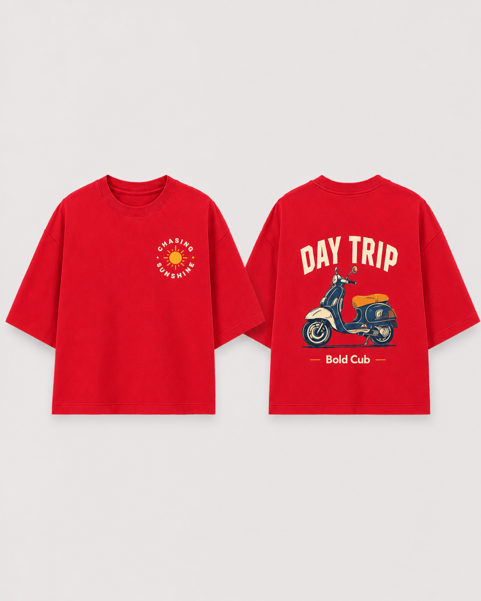 Boys oversized graphic t-shirt in red, Road Trip print, Bold Cub Korean streetwear - flat lay