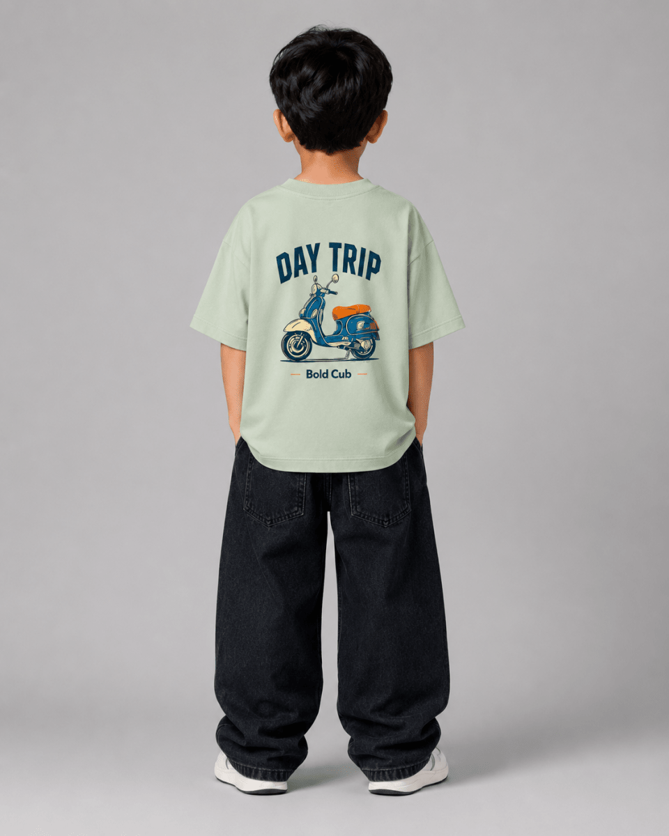 Boys oversized graphic t-shirt in sage green, Road Trip print, Bold Cub Korean streetwear - back