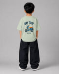 Boys oversized graphic t-shirt in sage green, Road Trip print, Bold Cub Korean streetwear - back