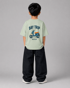 Boys oversized graphic t-shirt in sage green, Road Trip print, Bold Cub Korean streetwear - back